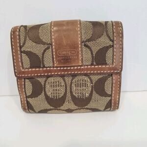 Coach Wallet Canvas Leather Signature Bifold 4x3 Small Beige Tan Compact Logo